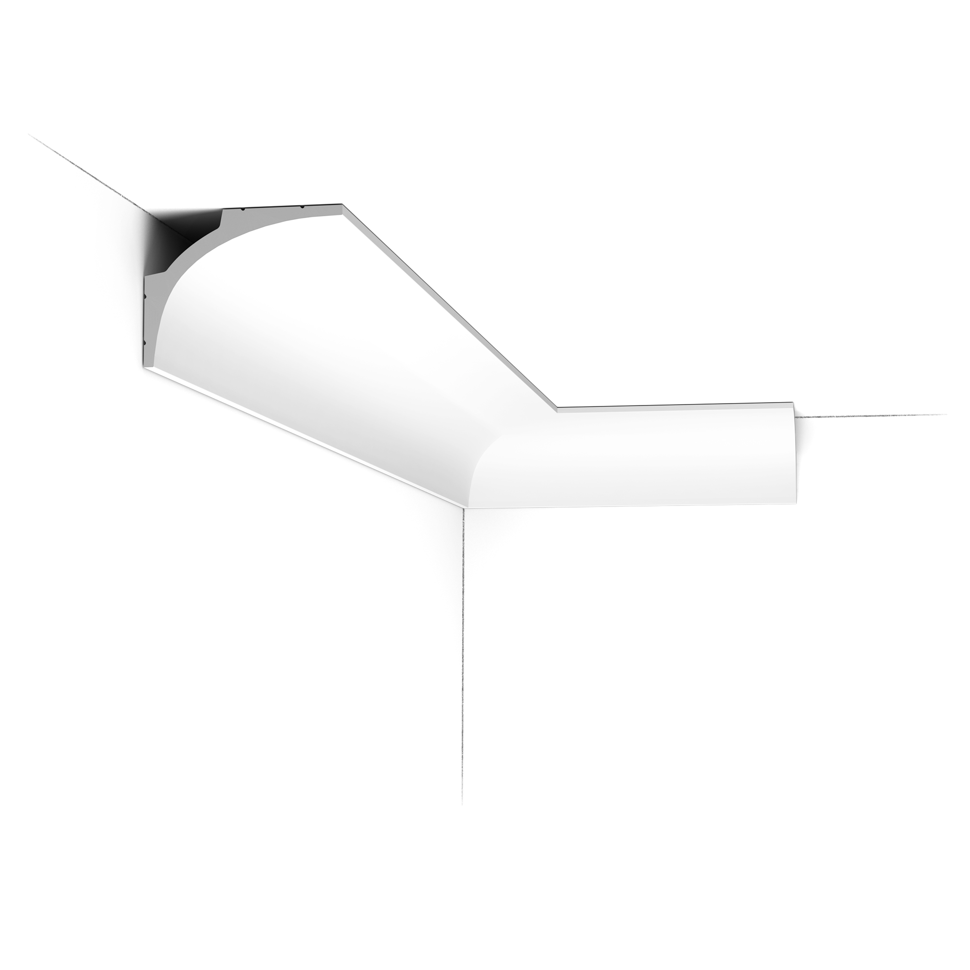 Close-up of white curved architectural molding at a wall corner with soft shadows and clean lines.