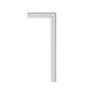 Close-up of a white decorative door casing corner with layered molding forms a right-angle notch to the left and down.