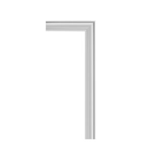 Close-up of a silver picture frame corner with layered, decorative molding forming a right angle at the top-right of the image, against a white background.