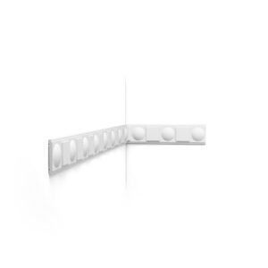 White 3D architectural model of a corner with a long perforated beam running across the scene, featuring evenly spaced circular recesses.