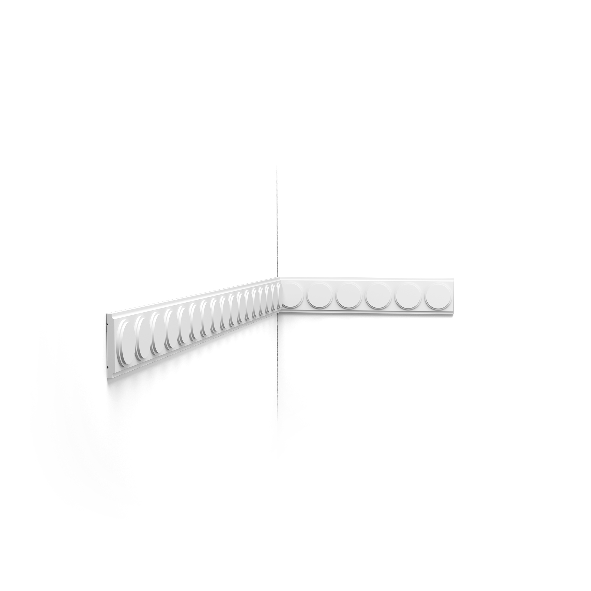 Close-up of a white beam with a row of circular cutouts running horizontally along a wall edge.