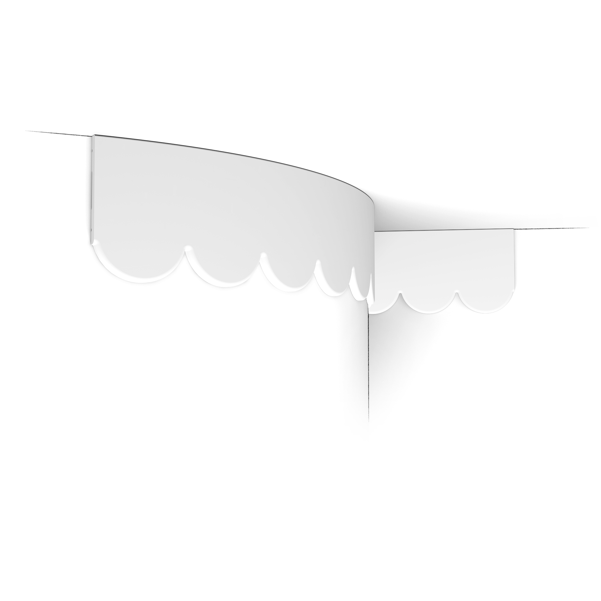 Close-up of a white, scalloped-edge canopy or awning with subtle shading against a pale background, suggesting a storefront or decorative architectural detail.