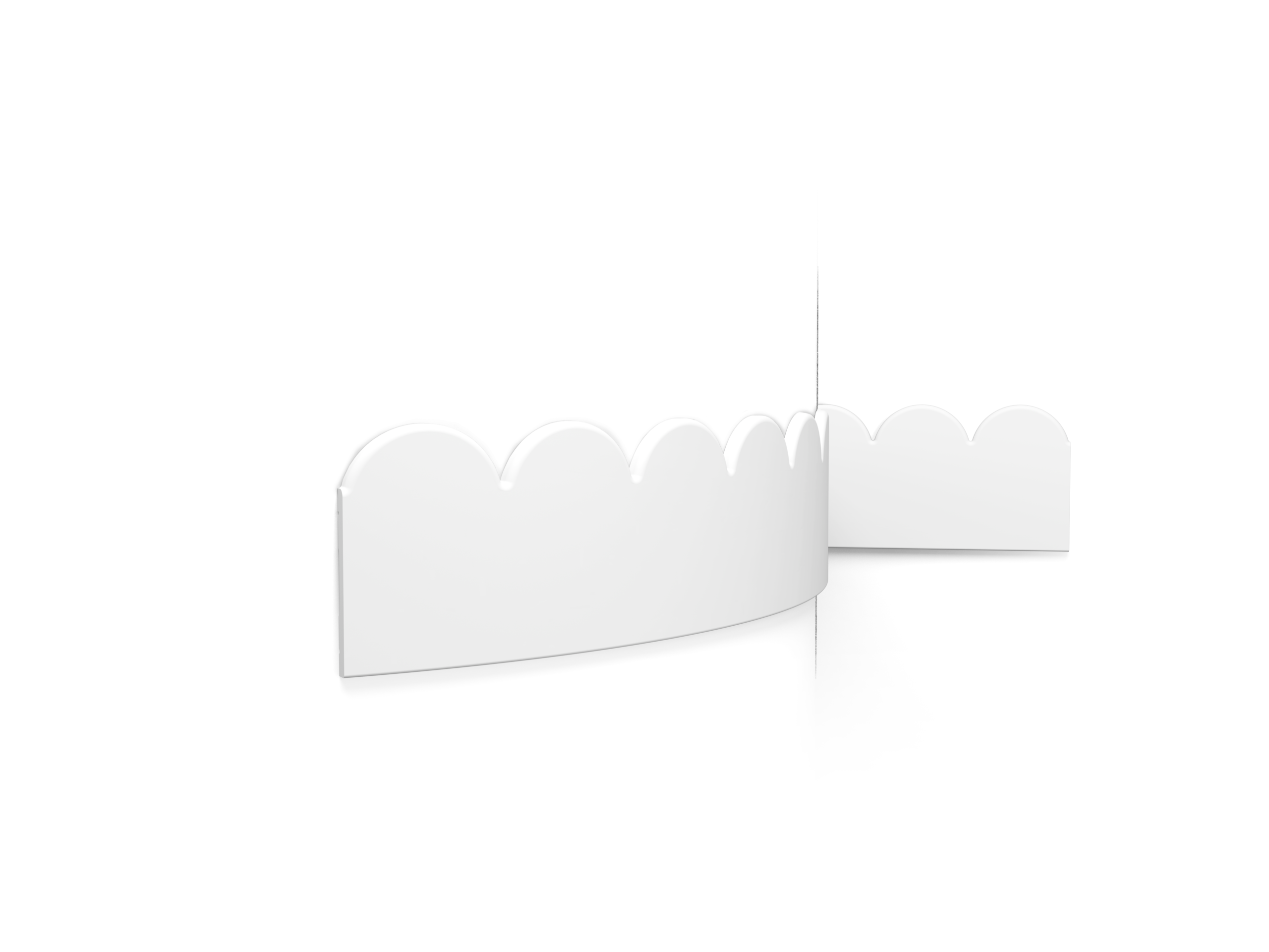 White curved scalloped shapes forming a row along the bottom, set against a black background, with a thin vertical line separating sections.