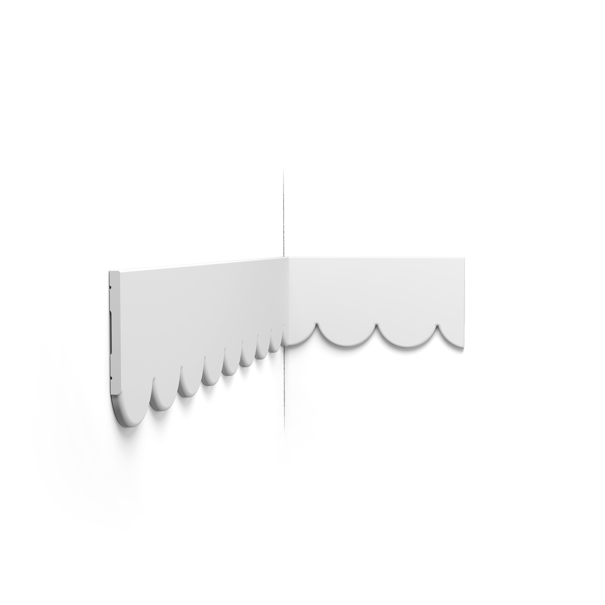 White storefront awning with a scalloped, decorative bottom edge hanging over a window or doorway.