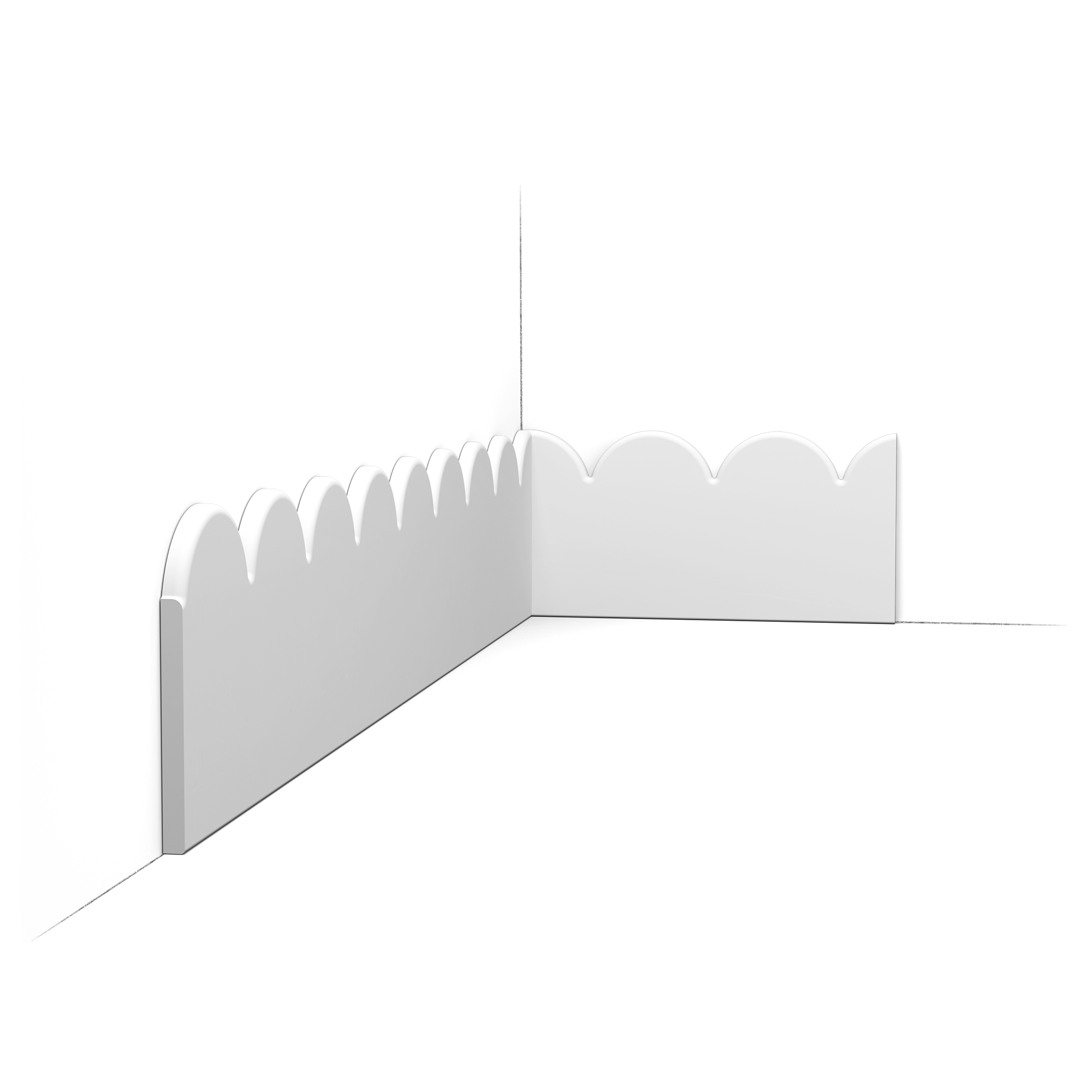 3D white corner panel with a row of rounded scalloped shapes along the top edge, viewed at an angle.