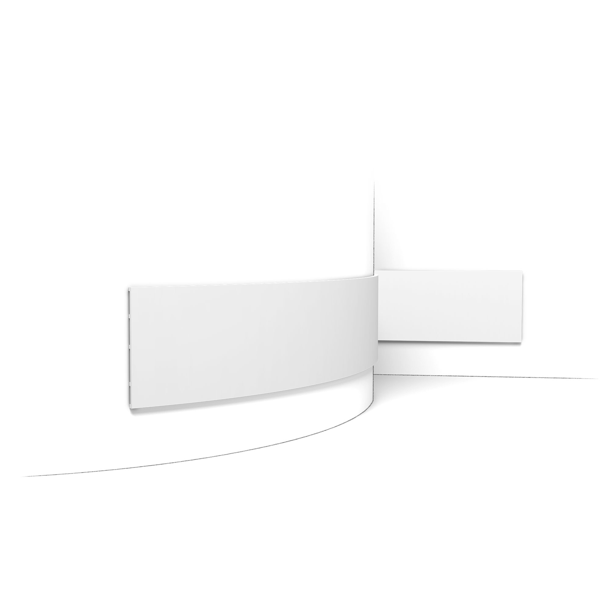 Abstract black-and-white 3D ribbon design with curved white sheets overlapping against a dark background.