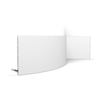 White curved cabinet panels with an exposed bundle of colored wires at the bottom left against a plain white background.