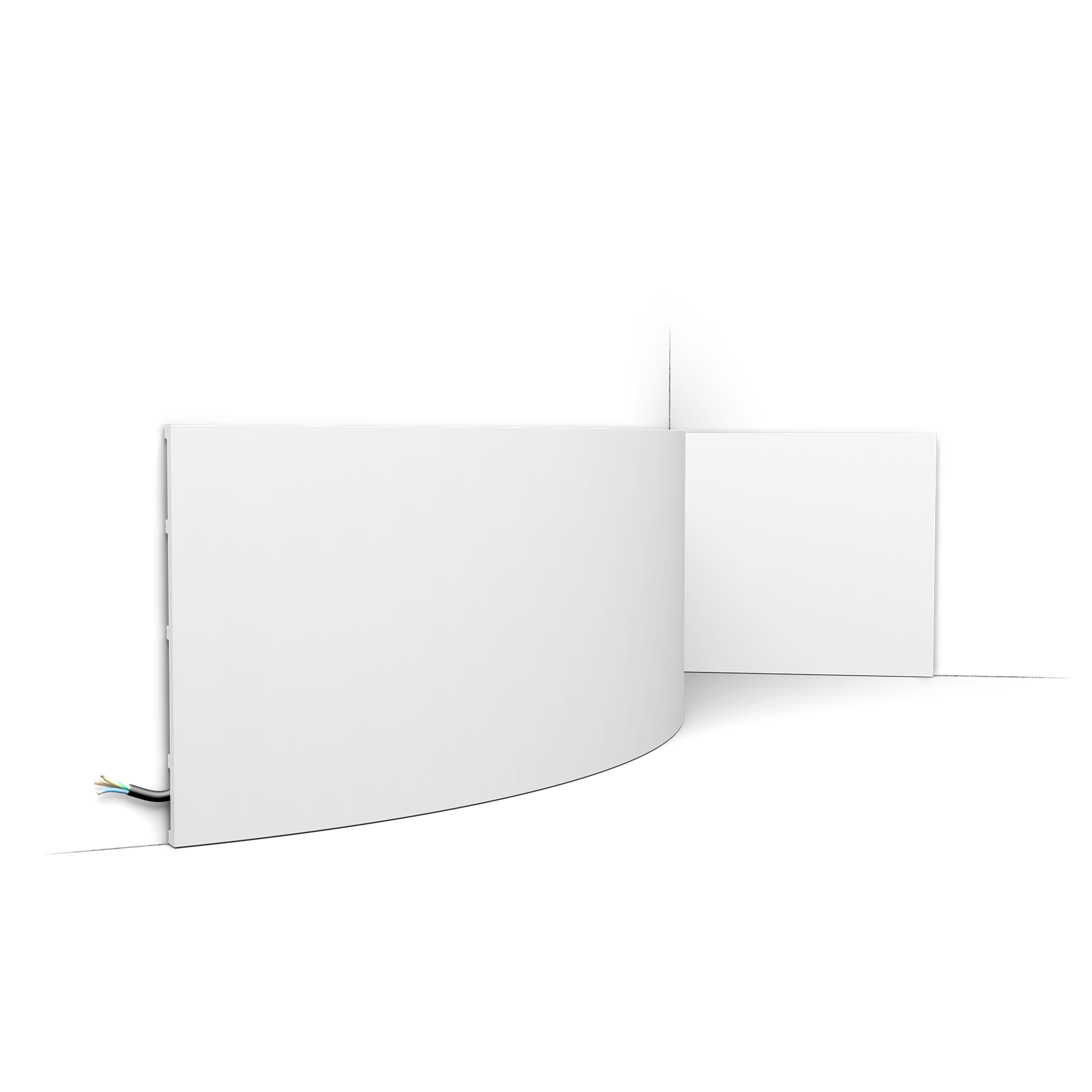 White curved white panel with a brown left edge and loose wires protruding from the bottom-left, against a black background.