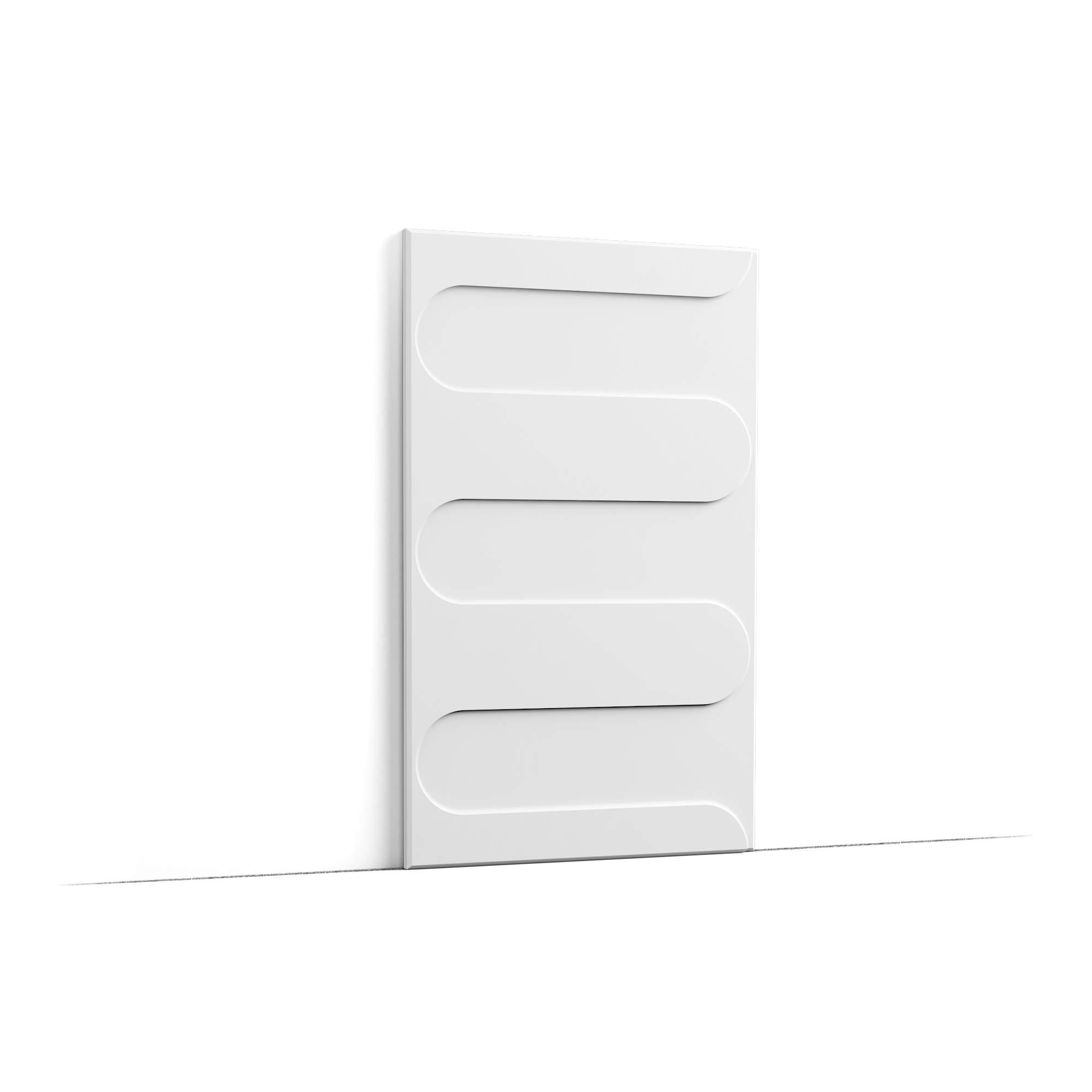Close-up of a white wall-mounted panel with curved, wave-like indentations on a plain background