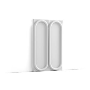 White vertical radiator with rounded panel details, mounted on a wall for heating the room.